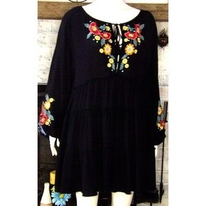 Free People Swing Tunic Dress Black Floral Embroidery Long Shirt Bohemian Medium